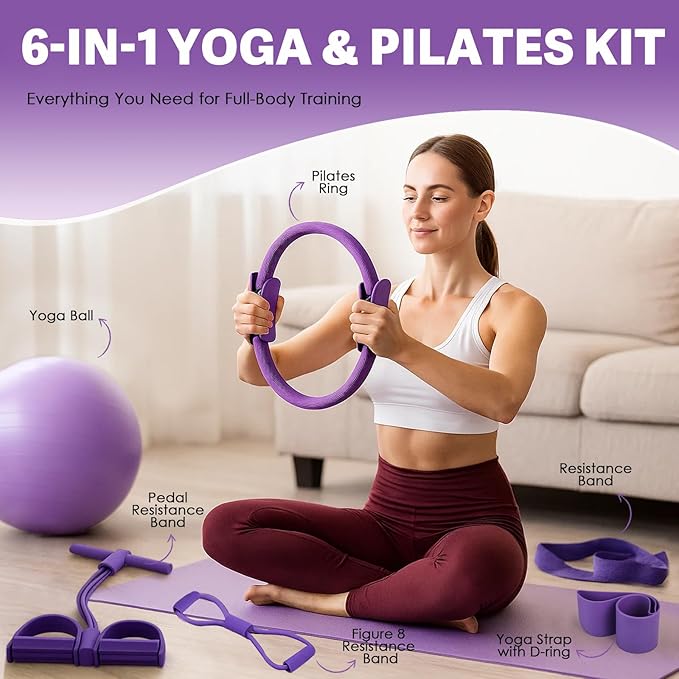 Pilates Essentials Kit for Women-Home Yoga Set,Including Foot Pedal Puller,Pilates Ring,Figure 8 Resistance Band,Pilates Ball,Resistance Band,Yoga Stretching Elastic Band,for Travel&Home Workouts