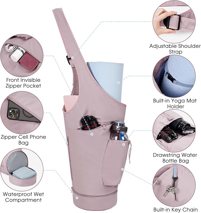 sportsnew Yoga Mat Bag, Large Opening Long Tote Yoga Mat Carrier Holder Bag with Waterproof Wet Pocket and Drawstring Water Bottle Pocket, Adjustable Shoulder Strap Storage Bag, patent pending