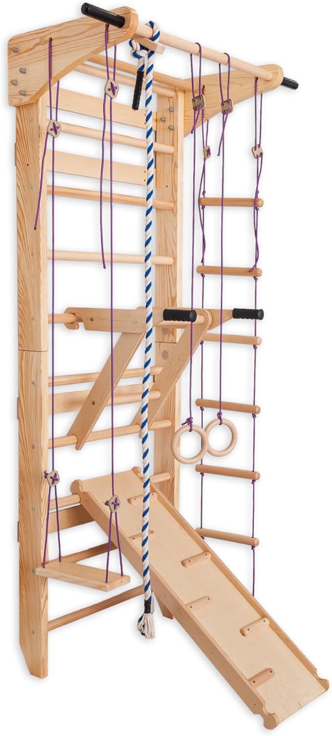 Swedish Ladder Wall Bars with Pull-Up Bar & Dip Station – Wooden Stall Bars, Multifunctional Home Gym Wall Ladder for Strength Training & Stretching