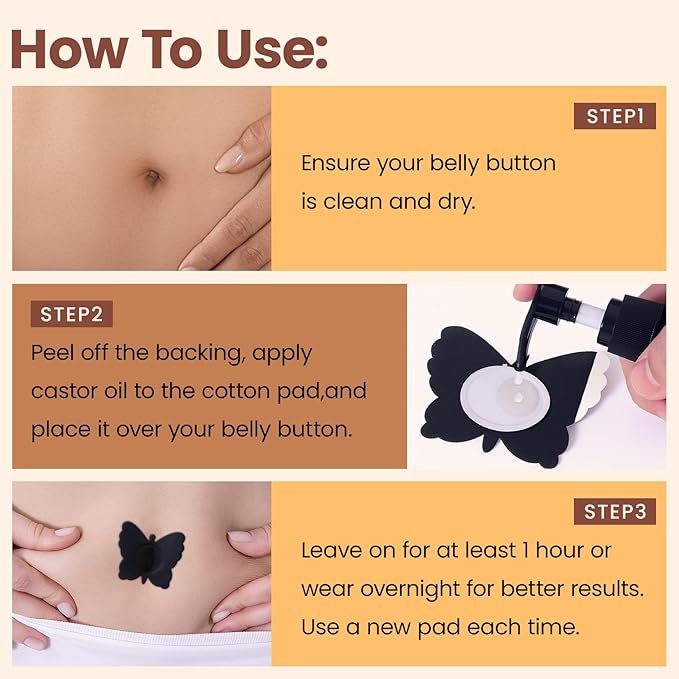 30Pcs Castor Oil Patch for Belly Button with 4oz Organic Castor Oil in Glass Bottle, for Stomach Hand Self Adhesive
