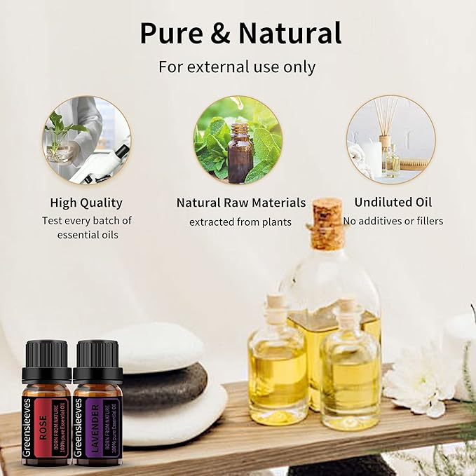 GREENSLEEVES Rose Lavender Essential Oil Set, 2 x 10ml Pure Plant-Based Fragrance Oil for Aromatherapy, Essential Oils for Diffuser, Massage, Bath Bomb, Scented Candle Soap Making