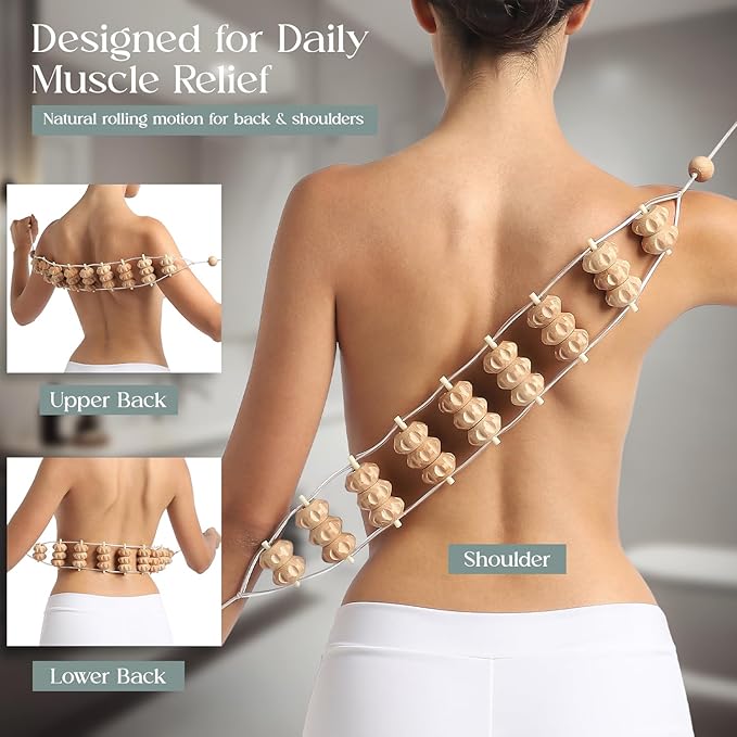 Wood Therapy Massage Tools - Lymphatic Drainage Curved Roller Stick, Neck Massager, Foam Roller, Back Scratcher, Rope Massage Kit for Deep Tissue and Back Relief