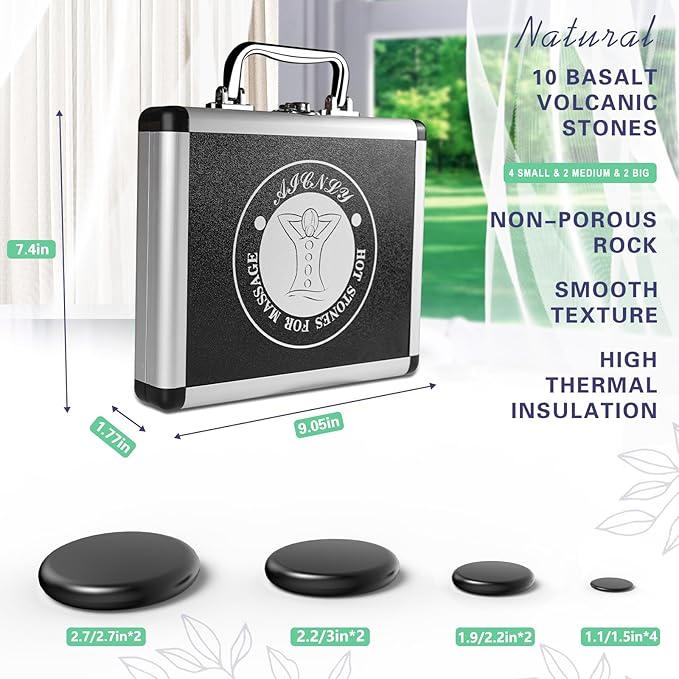 AICNLY 10 Pcs Basalt Hot Stones Massage Set with Temperature Adjustment-Hot Stones Massage with Warmer Kit, Professional Massage Tool for Spa-Lymphatic Drainage, Relieve Tension and Muscle Pain