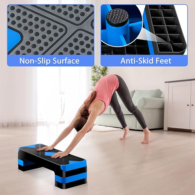 26.5 Inch Aerobic Exercise Step Platform for Home Gym, 4” 6” 8”Adjustable Risers for Step up Fitness Workout, Stepper Step Trainer, Green