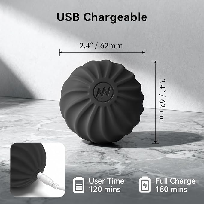 2.4" Mini Electric Vibrating Massage Ball, 10-Speed Fitness Yoga Massage Roller for Palm, Hand, Foot, Leg, Neck, Back, Multi-Directional Massage Ball (Black)