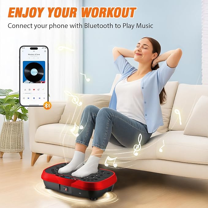 ALSO GO Vibration Plate Exercise Machine, 10 Modes & 200-Level Vibration Platform for Weight Loss/Lymphatic Drainage, 400lbs Vibration Board with Music and Resistance Bands for Full Body Workout, Red