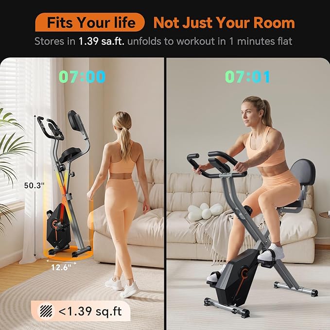 16-Level Foldable Exercise Bike for Home and Small Spaces – Quiet Stationary Bike with Premium Wool Felt Brake Pad, Precision 1.6kg Flywheel, 300lb Weight Capacity, LCD Monitor and Heart Rate Sensors – Compact Indoor Fitness Cycling Bike for Apartments