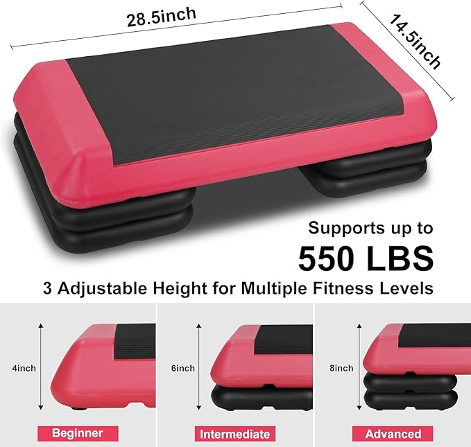 Adjustable Aerobic Stepper Workout Step with 4 Risers Fitness & Exercise Platform Trainer