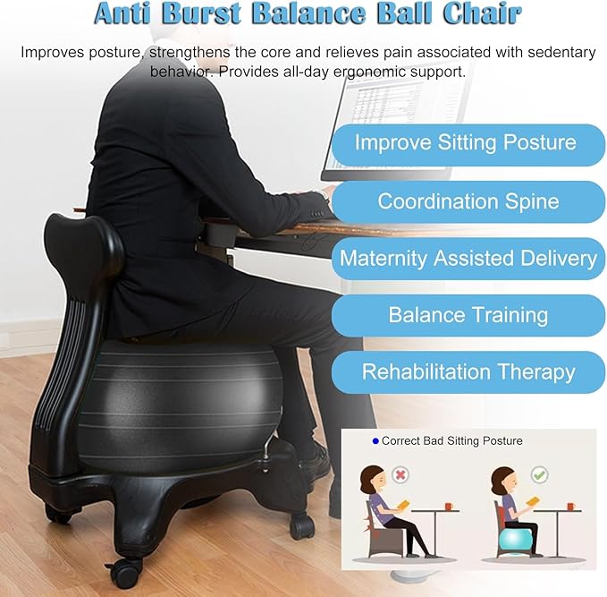 Ergonomic Office Chair Exercise Ball, Black Yoga Ball & Base Kit, 21.6inch Stability Ball Chair for Prolonged Sitting/Restless Legs Relief Adults, Fitness Ball Rolling Stool