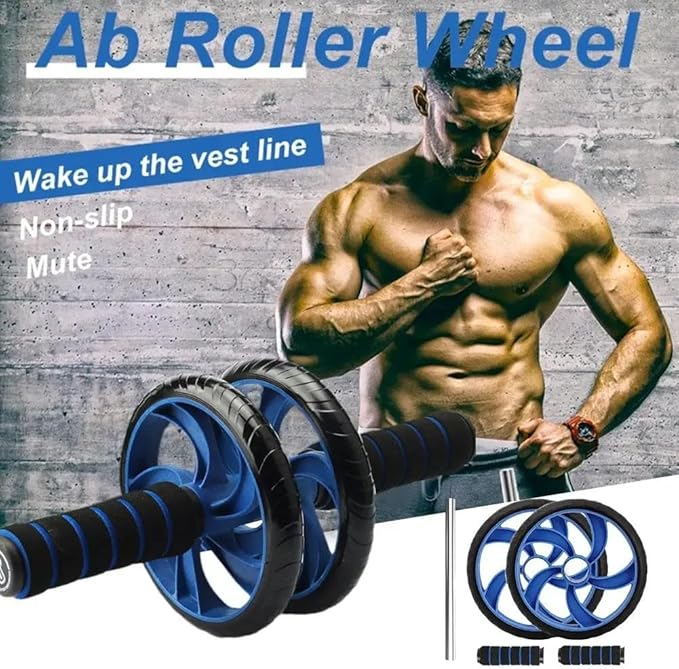 Abdominal Roller Wheels Ab Trainer with Knee Pad Core Workout Exercise Muscle Fitness Equipment Men Women for Home Office Gym Outdoors (Blue And Black)