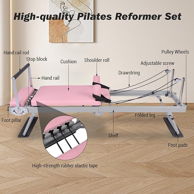 Pilates Reformer Machine Equipment Pink ,Foldable Home Reformer Pilates with Resistance Cords for Workout,Paeta Pilates Reformer