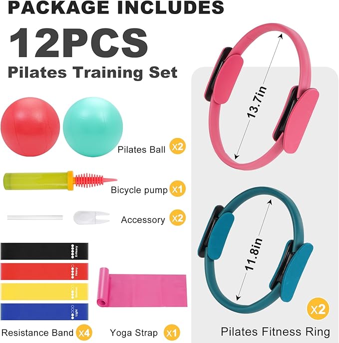 Pilates Ring Fitness Circles Set, Dual Padded Handles Home Pilates Equipment Set for Women Includes 2 Pilates Ring, 2 Pilates Mini Ball, and 5 Resistance Bands at Home Pilates Workout Set