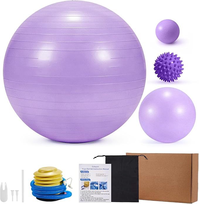 4Pcs Yoga Ball Set includes Large and 9in Pilates Balls, Massage & Spiky Ball for Fitness ,Anti-Burst Exercise Ball with Pumb for Pregnancy,Physical Therapy,Office Chair, Home Workout,3Sizes,3Colors