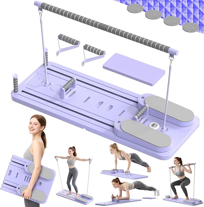 Multifunctional Pilates Board, Pilates Reformer Sets 7-in-1 Foldable Pilates Reformer Machine for Home Workout with Timer, Phone Holder, Push-up Bar, Ab Board, 330LBS Capacity Portable Set