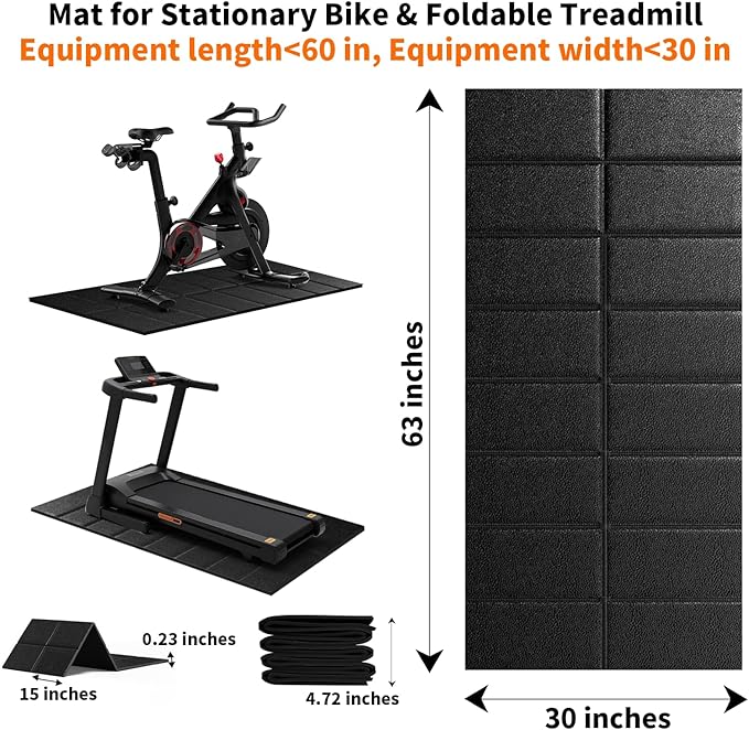 Mat for Exercise Bike Treadmill Walking Pad on Carpet 63x30,Compatible with Peloton, 1/4" Indoor Bike Trainer Mat for Hardwood Floors, Spin Stationary Bike, Equipment Stability, Noise Shock Absorption