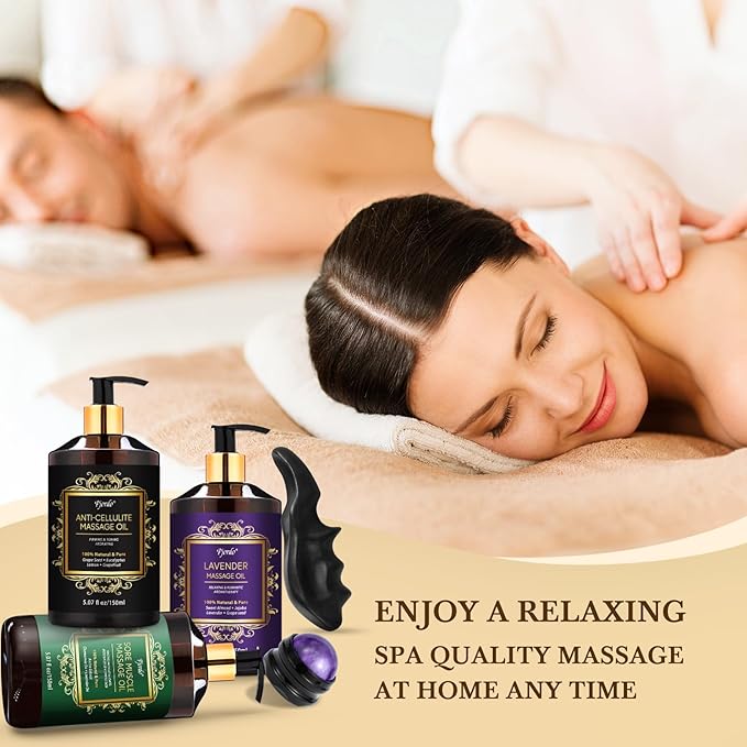 3 Pack Massage Oil for Massage Therapy, Lavender Oil for Relaxation, Sore Muscle Arnica Oil & Cellulite Massage Oil, with Massage Roller Ball & Thumb Saver Tool, Massage Kit for Him Her
