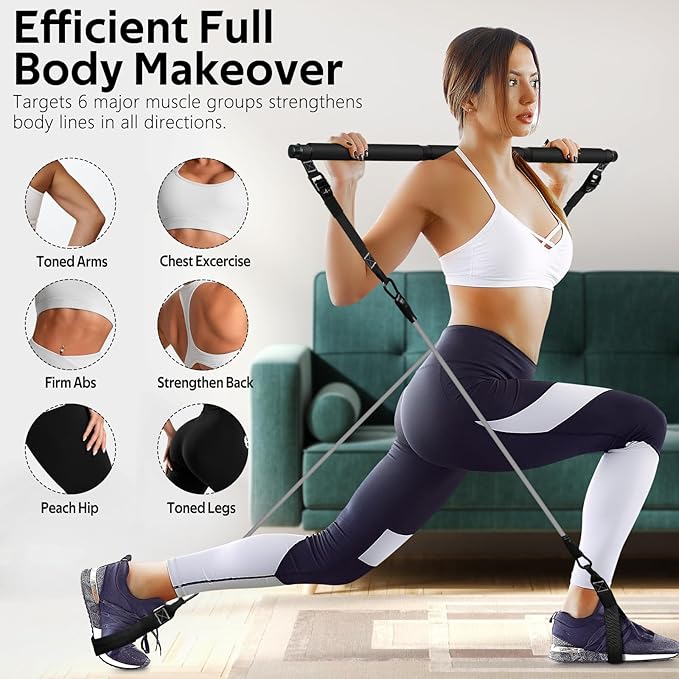 Pilates Bar Kit with Resistance Bands, Multifunctional Pilates Bar for Women & Men with Heavy-Duty Metal Adjustment Buckle, Pilates Home Equipment for Full BodyWorkouts