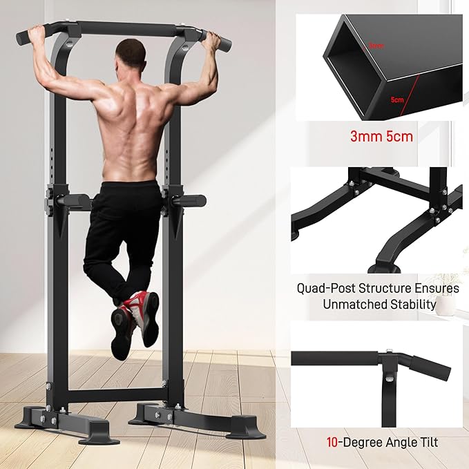 Outdoor Basic Power Tower, Pull Up Bar and Dip Station for Home Gym, 1400LBS Weight Capacity, Adjustable Height, Heavy Duty Steel Frame for Calisthenics, Strength Training Fitness Equipment