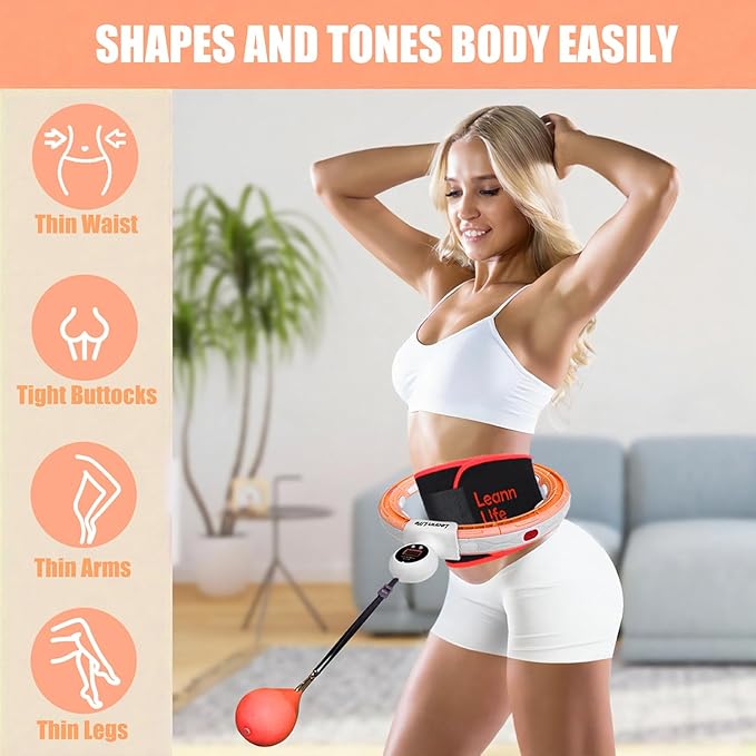 U5 Smart Weighted Hula Hoop with Counter & Waist Trimmer – 16 Knots, 28"–46" Adjustable Infinity Hoop Plus Size, Quiet Rubberized Wheels, Ab Workout Fitness, Weight Loss, Abdominal Toner
