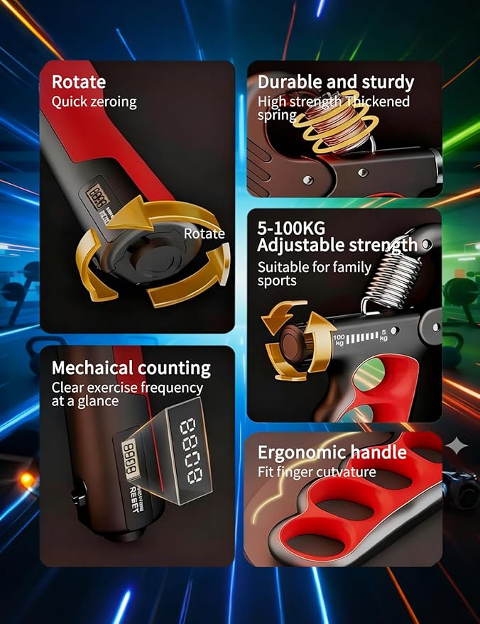 ProGrip Strength Trainer with Auto-Count & Wide Adjustment (11-220 LBS) –Hand Strengthener Kit for Home Gym, Forearm Building & Recovery Training
