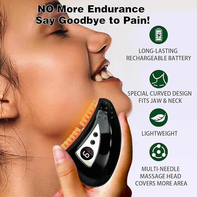 TMJ Relief Products Jaw, Handheld TMJ Relief Massager with Vibrating & Heating and PulsMode, Ergonomic Multi-Needle Design TMJ Massage Tool for Jaw & Neck Pain, Stiff Jaw, Tension, Stiffness (Black)