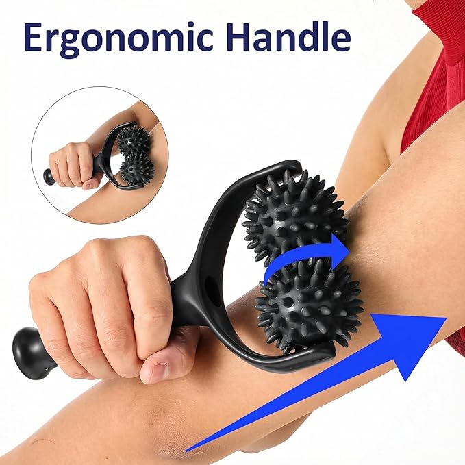 Handheld Spiky Massage Balls Rollers, 2 Wheel Spiky Silicone Manual Massage Roller with Ergonomic Handle, Portable Pressure Point Muscle Massages Tool for Foot Arm Body Neck Leg Pain Pressure Relief
