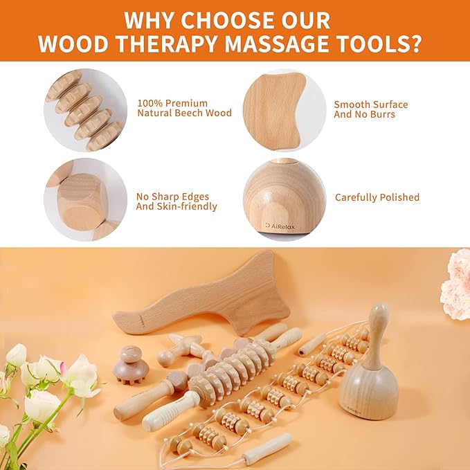 AiRelax 7 Pack Wood Therapy Massage Tools for Body Shaping Set, Cellulite Massager,Maderoterapia Kit Colombiana, Lymphatic Drainage Massager Tools for Neck Back Waist Pain Relief