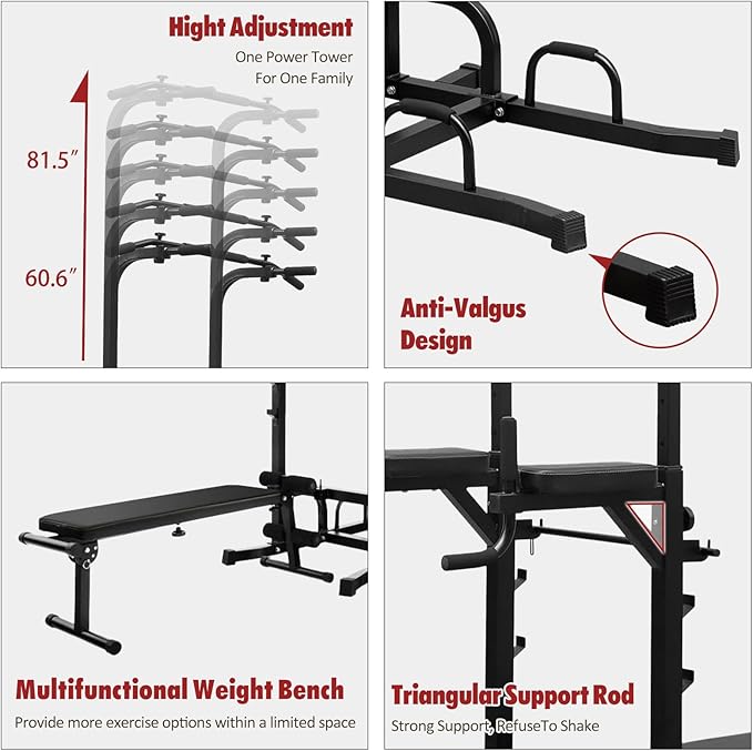 Power Tower Pull Up Bar for Home Gym, Multi Functional Pull Up Bar Stand Dip Bar Station with Weight Bench, Adjustable Height Workout Dip Station Strength Training Fitness Equipment