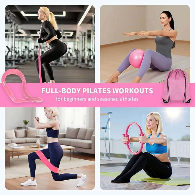 Pilates Kit for Women–13-Piece Beginner Home Pilates Set with 14" Pilates Ring, Mini Exercise Ball, 5-Level Resistance Bands, Yoga Socks, Stretch Strap&Carry Bag Full Body Toning&Core Training