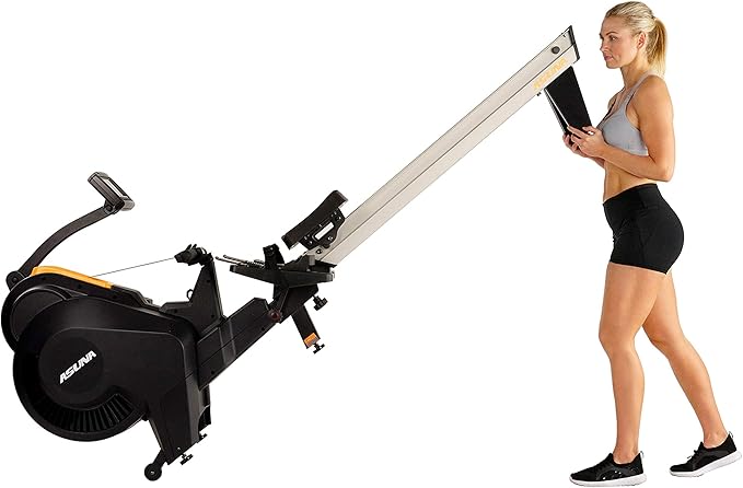 Sunny Health & Fitness AeroForce Fan Rower, Commercial Grade Rowing Machine with Performance Monitor, Long Foldable Rail for Home Cardio Training, Optional Dual Resistance