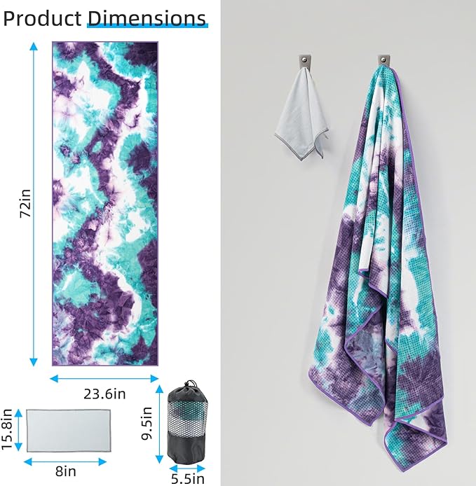 YESLIFE Non-Slip Extra Thick Hot Yoga Towel with One Sweat Towel, Microfiber Sweat Absorbent Yoga Mat Towel with Grip Dot, Pilates Mat, 72" x 24", Green&Purple
