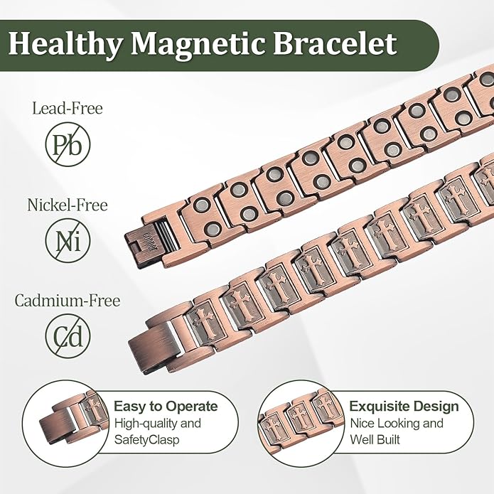 Magnetic Bracelet and Ring Set for Men, 99.99% Pure Copper Jewelry, Adjustable Cross & Celtic Knot Design, Gift for Dad