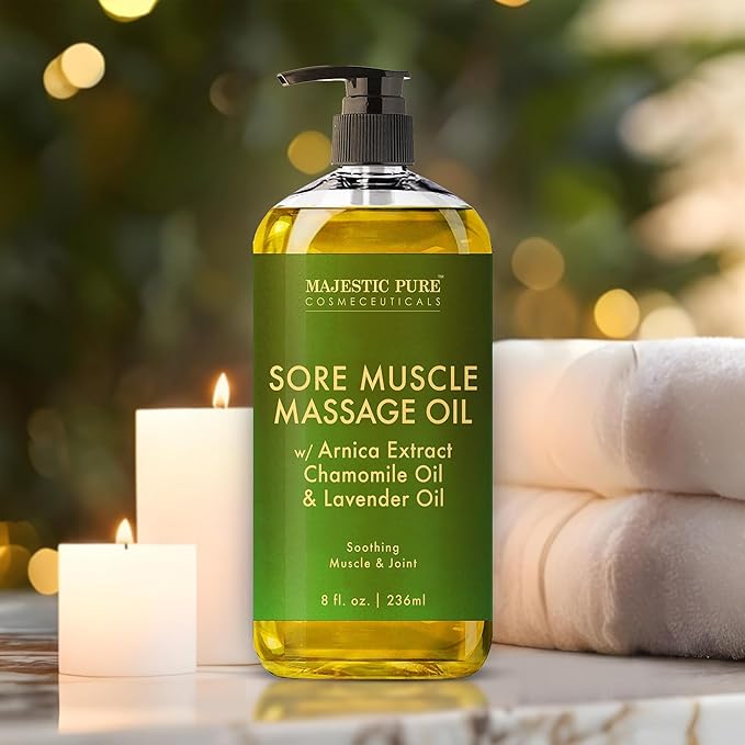 MAJESTIC PURE Arnica Sore Muscle Massage Oil for Massage Therapy - Refreshing and Relaxing - Natural Oils with Lavender & Chamomile Essential Oils - All Skin Types - Men & Women Massage Lotion-8 fl oz