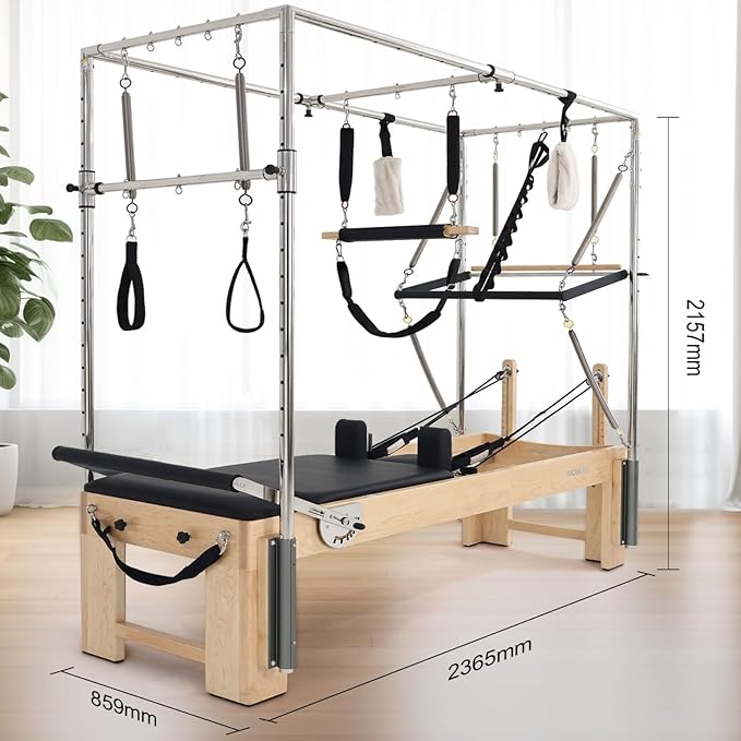 Pilates Reformer, Pilates Reformer Machine, Pilates Equipment for Home and Studio, Black Ultrafine Leather, Adjustable Resistance System