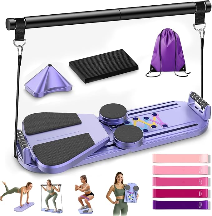 Pilates Board for Home Workout,Foldable Multifunctional Pilates Reformer Set with Timer,Resistance Bands & Storage Bag,Portable Pilates Equipment for Abs,Core & Full-Body Exercise