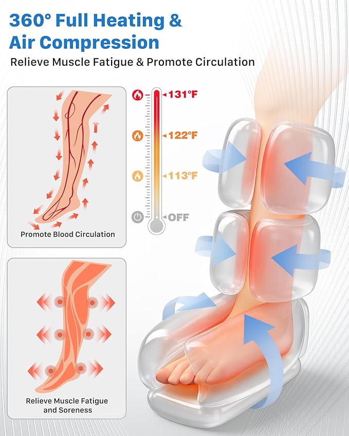 Air Compression Leg Massager with Heat : MUSUGY Sequential Foot and Calf Massager for Circulation and Pain Relief, with 9 Intensity, 6 Modes, 3 Heat - for Mom, Dad, Standing Jobs & Daily Relaxation