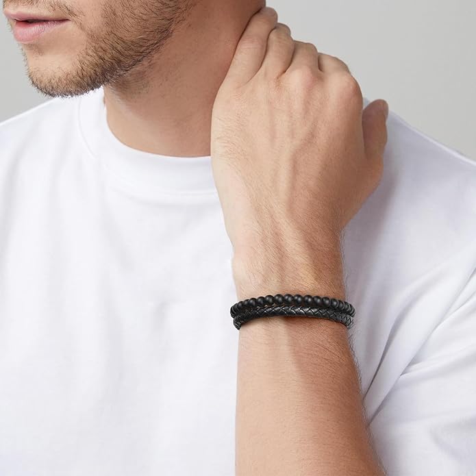LUXEJEW Gifts for Men - Beaded Leather Bracelet 6mm Matte Agate Stone Bracelets for Men Dad Son Husband Boyfriend Grandpa Grandson Brother Uncle Nephew Adjustable Magnetic Clasp