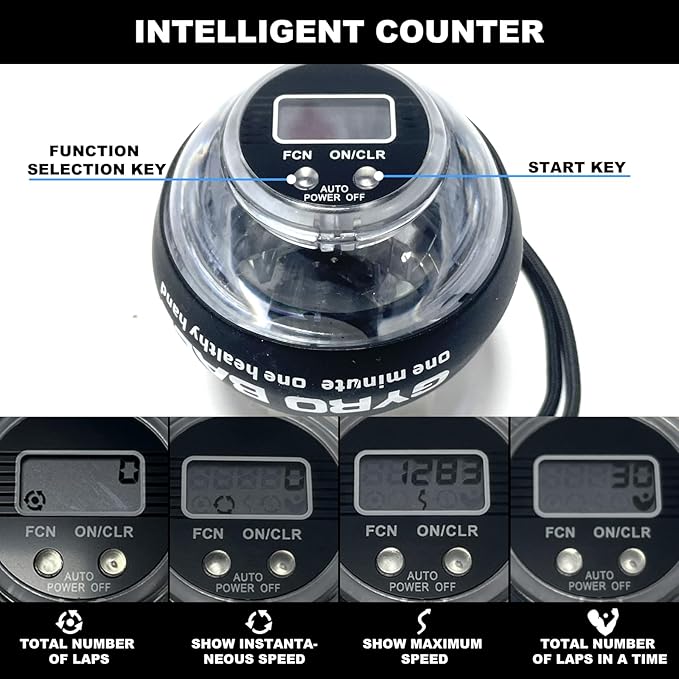 Curaball Hand Exerciser–Torque Ball Strengthener with Counter, LED Lights, Auto-Start Gyroscopic Wrist Trainer for Arms, Fingers & Forearms, Grip Training Tool for Home