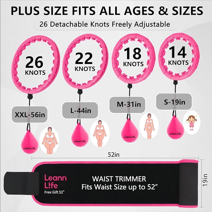 U2-26 Knots 19”- 56”, Weighted Hula Hoop for Adults Weight Loss, Infinity Hoop Plus Size, Children Adults Home Outdoors, Fun Fitness Exercise, Abdominal Toner,Free Waist Trimmer&Wash Bag