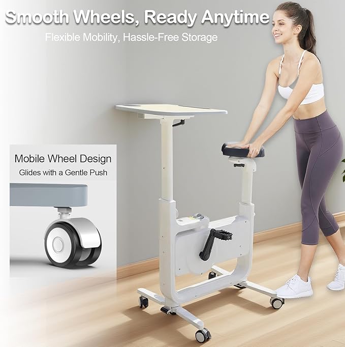 All-in-one Exercise Bike, Foldable Under Desk Bike,300LBS Heavy Duty for Work From Home Spin Bike with Adjustable Resistance/LCD Display/Seat/Desktop,Portable Stationary Bikes for Home