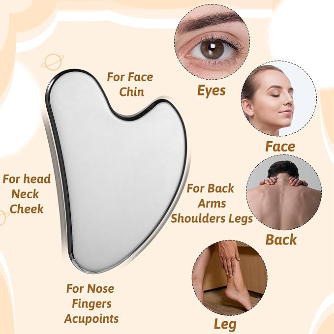 2 Pcs Stainless Steel Gua Sha Face Tools Metal Silver Guasha for Self Care Manual Massage Tool for Face and Body Treatment Back Muscles Pain Relief Puffiness Reducing Gift for Men Women