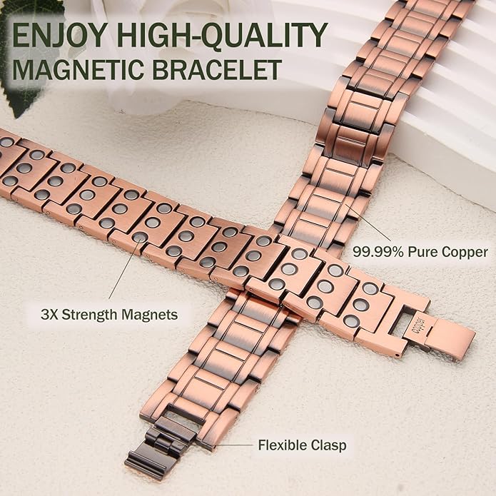 MagEnergy Copper Bracelet for Men, 3-Row Magnet Design, Ultra Strength Magnetic Bracelet 99.99% Pure Copper Wristband Adjustable Jewelry Gift with Sizing Tool