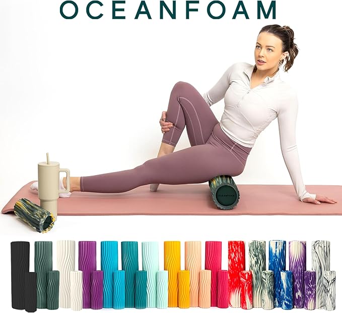 Oceanfoam Ripple Travel Foam Roller (11" x 3.35") Firm Mini Foam Roller for Physical Therapy, Deep Tissue Massage, Back Pain - High Density, Wave Textured - Yoga (Hunter, Gold & Natural Marbled)