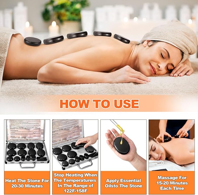 Hot Stones Massage Warmer Kit, 21 Pcs Hot Stones Massage Set, Hot Rocks Basalt Massage Stones for Home Spa Warming Therapy Relaxing