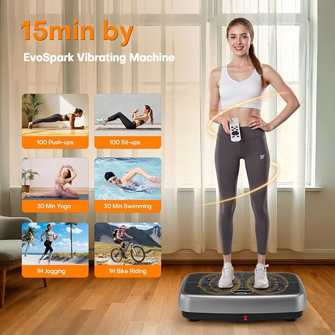 Vibration Plate Exercise Machine, EvoSpark Dual Motor Vibration Plate for Lymphatic Drainage, 450 Lbs Capacity Shake Fitness Platform