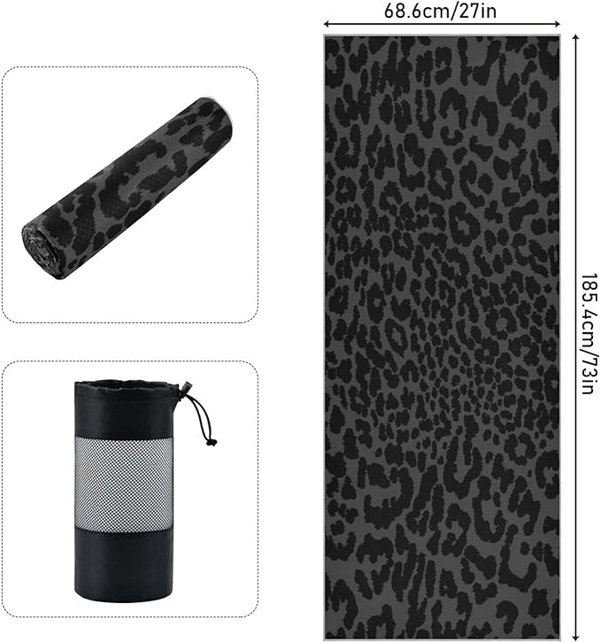YETTASBIN Leopard Black Yoga Mat Towel, Non Slip Sweat Absorbent Hot Yoga Towel Portable Lightweight Travel Workout Towel with Storage Bag for Home Yoga, Pilates, Fitness 73x 27 Inch