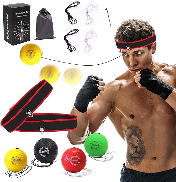 Boxing Reflex Ball, Headband Boxing Reaction Ball, Hand Eye Coordination Punching Speed Training Recreation Balls, Punch Ball Reflex Ball with Carry Bag for Teens Adults (4 Balls + 2 Headbands)