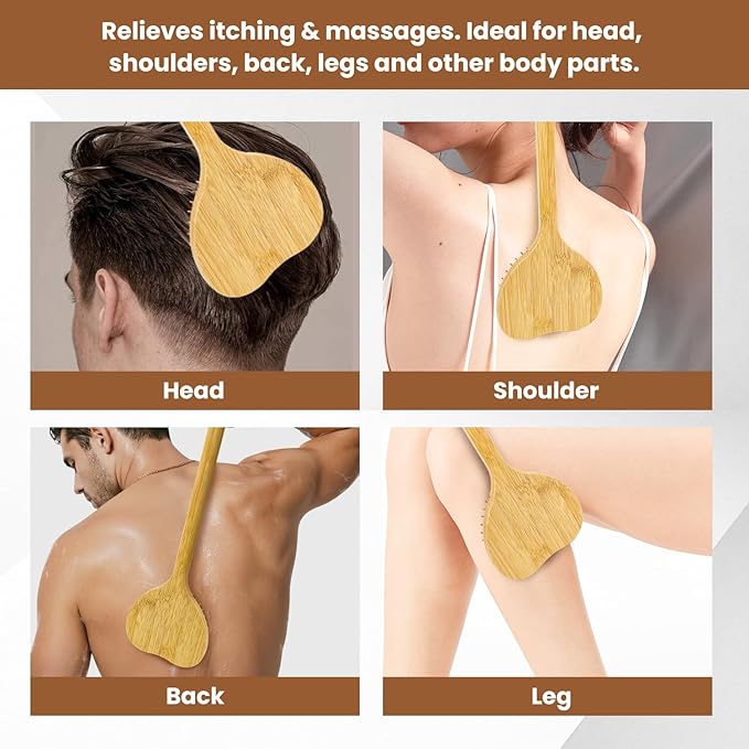 15.75" Heart-Shaped Bamboo Back Scratcher with Airbag Cushion – Elastic & Gentle on Skin, Relieves Itching & Massages Back, Shoulders, Legs, Suitable for Women ,Men & Adults (A-Pure Wood Color)