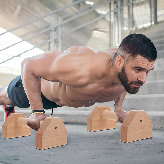 Cabilock 2 Pcs Strong Stability Wooden Push Up Bars with Anti-slip Bottom Smooth Grip Handles for Indoor and Outdoor Strength Training Pushup Stands for Abdominal and Full Body Workout