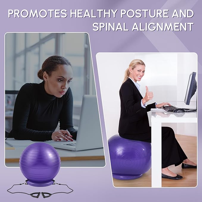Yoga Ball Chair with Inflatable Stability Base Resistance Bands 65 cm Stability Ball Large Exercise Ball for Home Workout Office Desk Sitting Gym Fitness Back Pain Balance, Include Air Pump